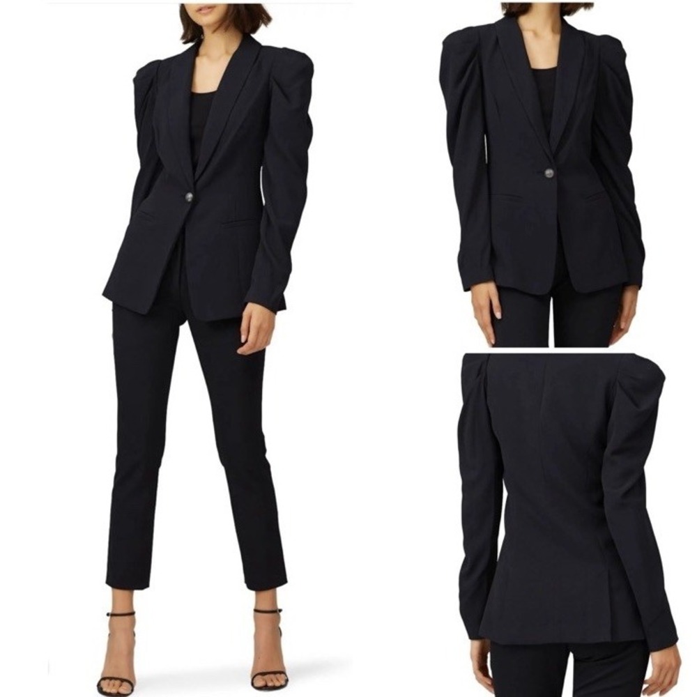 Ramy Brook Albie Puff Sleeve Blazer Sz 8-10 Black Career Tailored Stretch